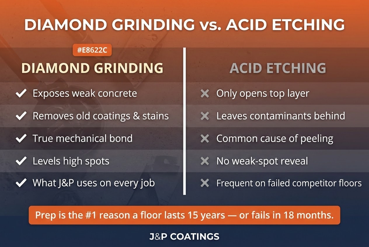 Comparison of diamond grinding vs acid etching for garage floor coating surface prep in Northeast Ohio