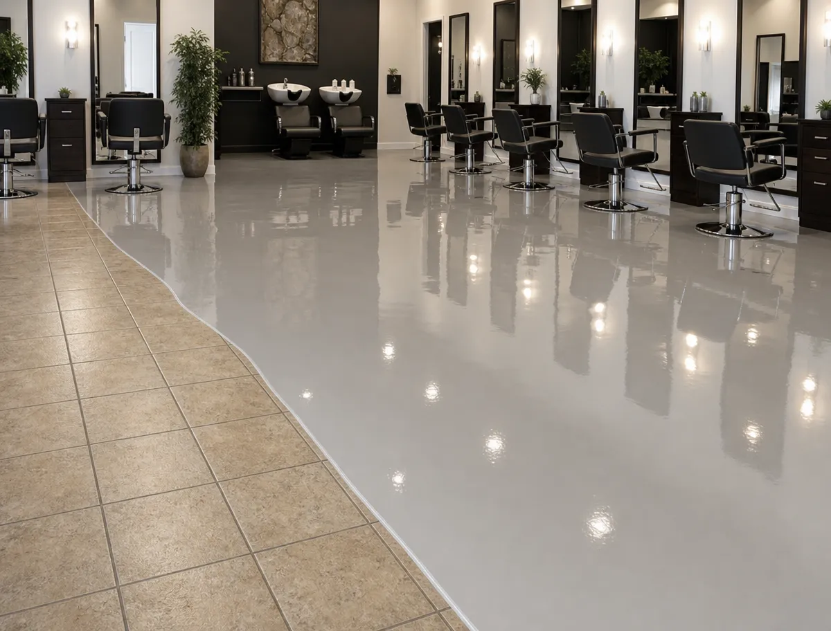 A J&P Coatings salon feels welcoming and fresh, showing off smooth, polished floors and a modern, clean look.