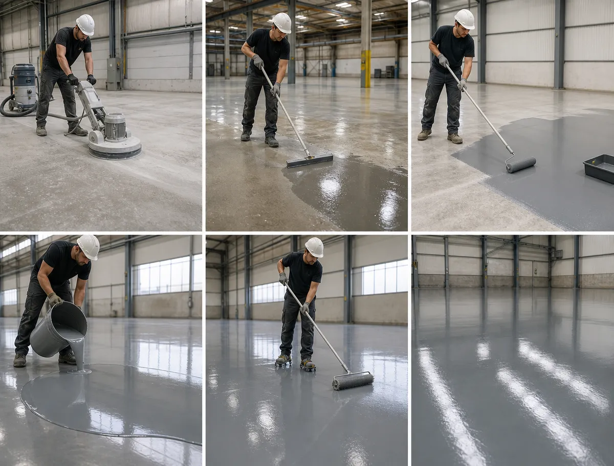 A J&P Coatings worker makes an industrial floor strong and smooth with gray epoxy for a neat, lasting finish.