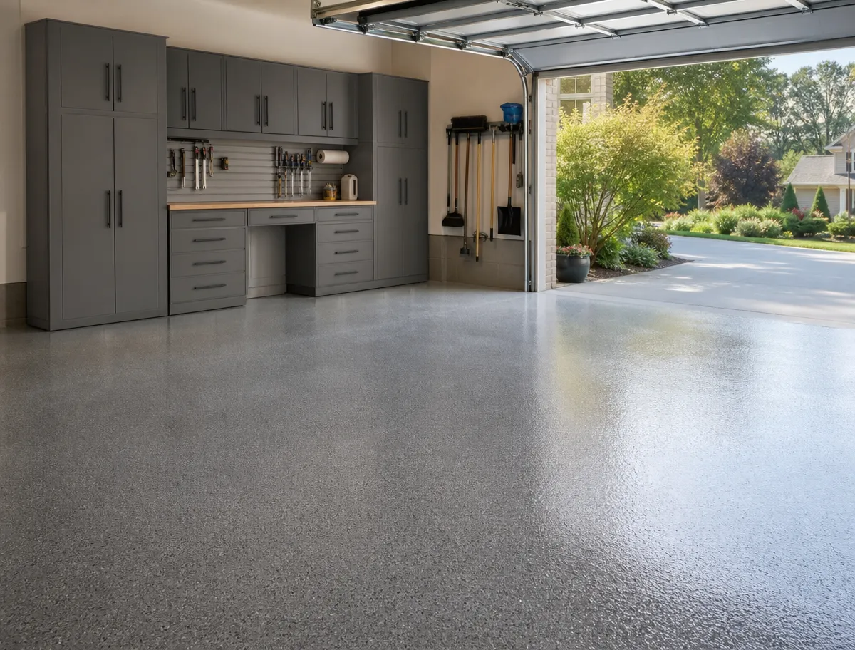 A neat garage with J&P Coatings epoxy floors feels bright and tidy, opening to a sunny yard.