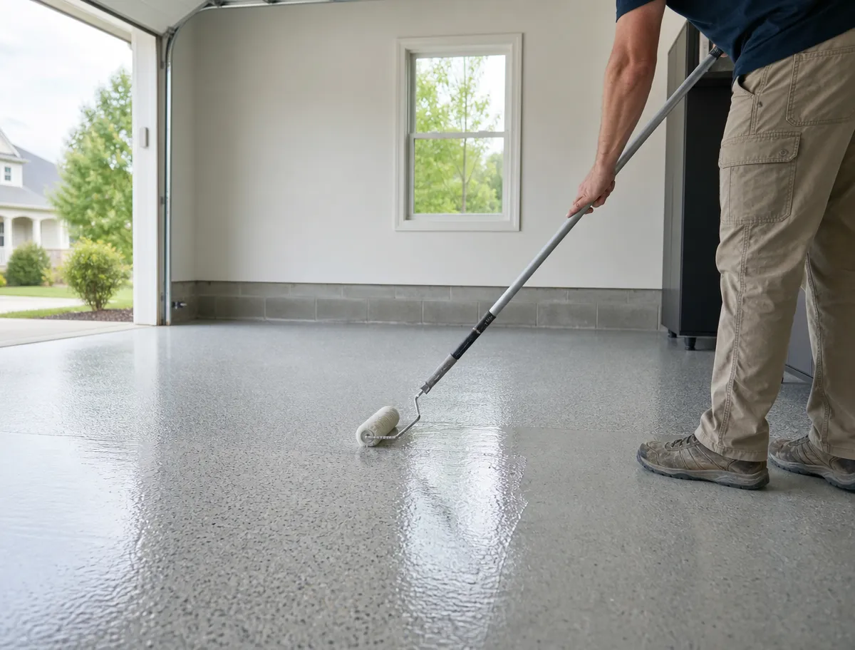 Someone is coating a garage floor with J&P Coatings, showing a clean and bright space that looks easy to work in.