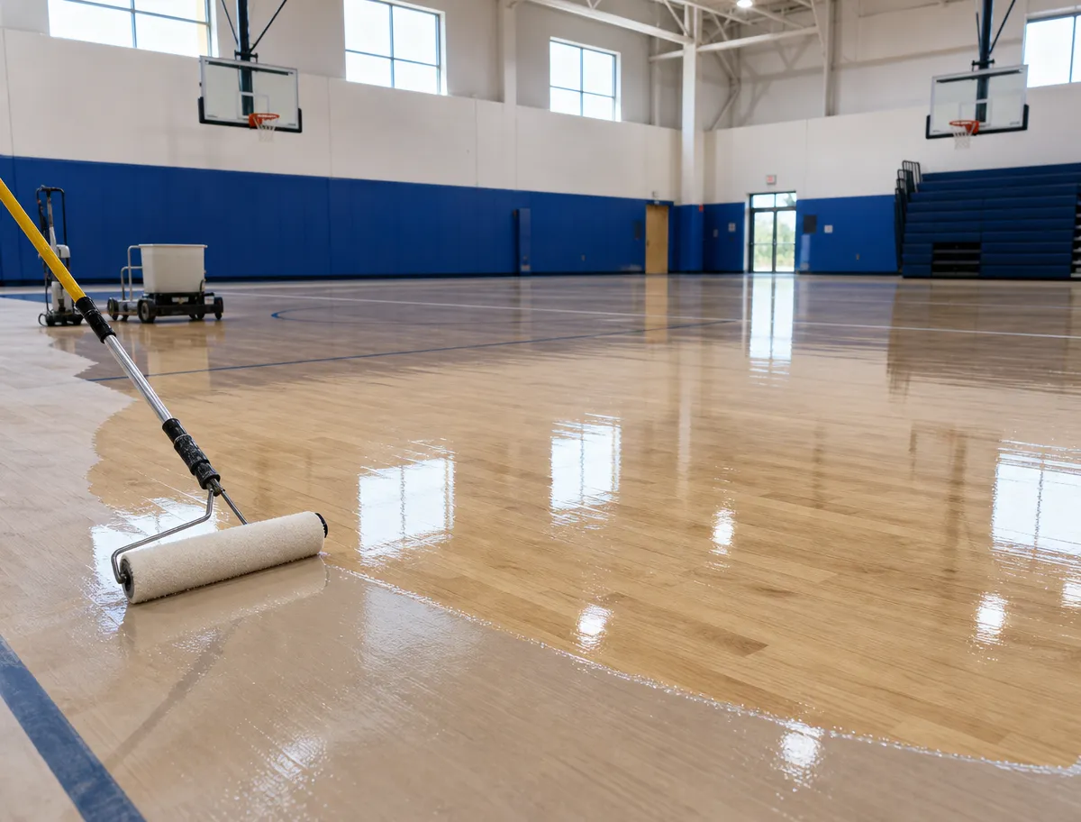 Crew applying polyaspartic coating to a school gym floor during a Northeast Ohio installation.
