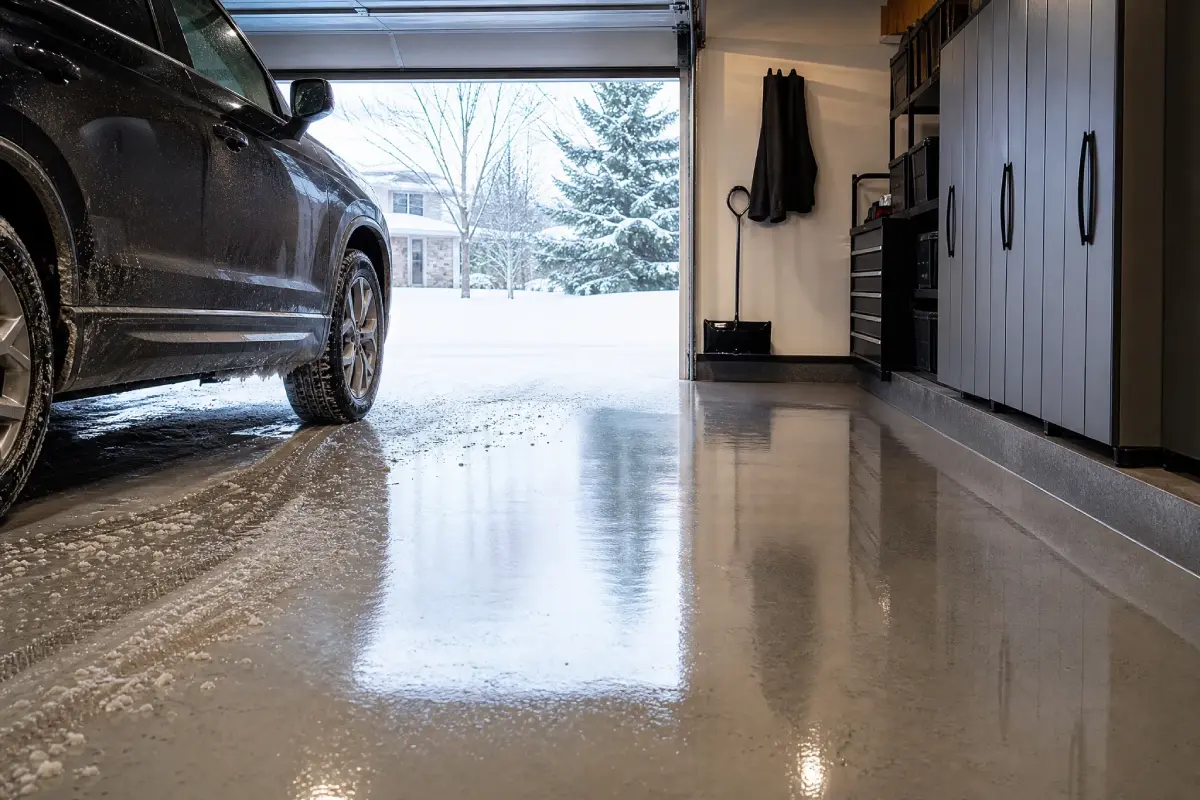 J&P Coatings garage floor looks spotless and glossy, showing a tidy space even with winter weather outside.