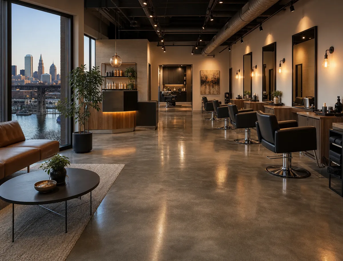 J&P Coatings shows a bright, clean salon that feels welcoming and modern, with a warm and inviting look.