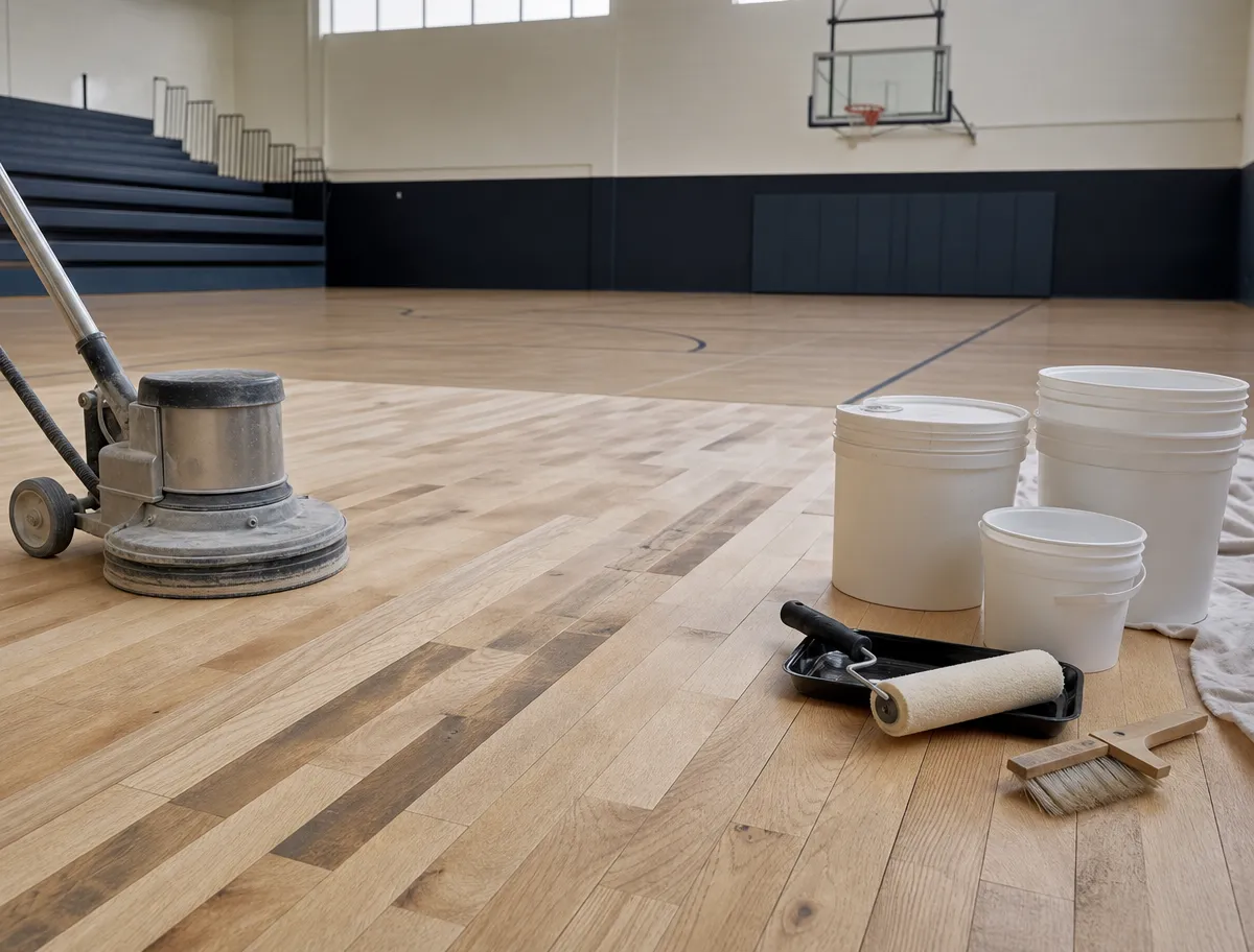 Facility manager reviewing gym floor coating options and budget in a Northeast Ohio school.
