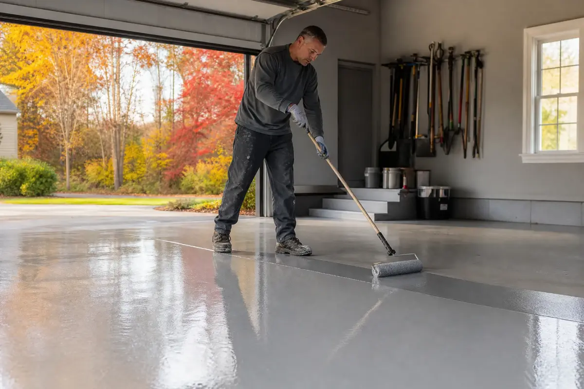 A man coats a garage floor with J&P Coatings, showing how to protect and update your garage in a simple, clean way.