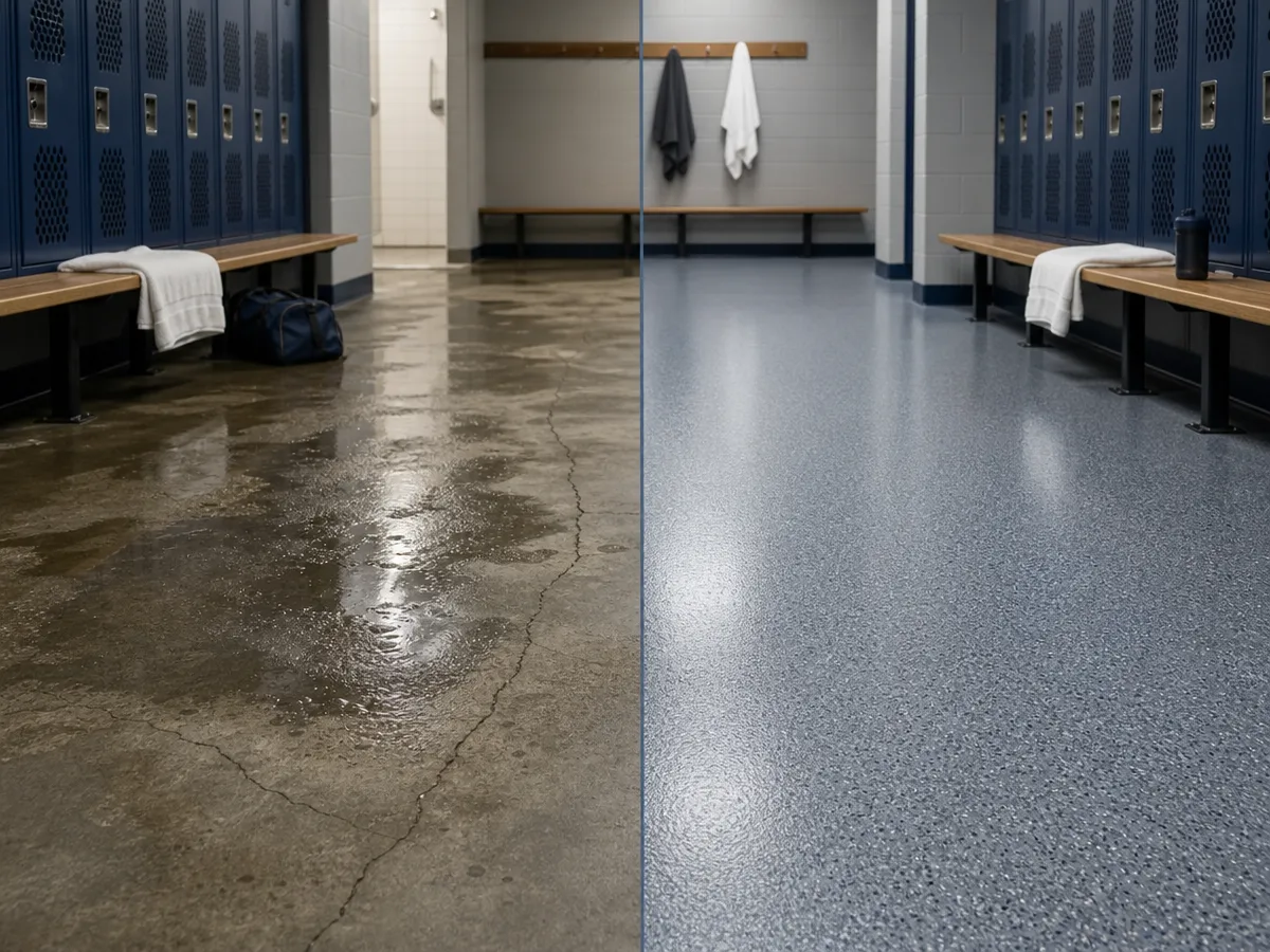 A locker room shows how J&P Coatings makes floors safer and cleaner compared to old, damaged surfaces.
