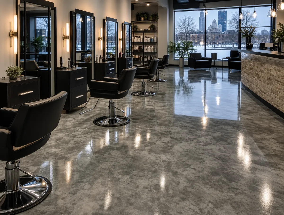 A bright, welcoming salon shows J&P Coatings’ polished floors and modern style, set against a snowy city view.