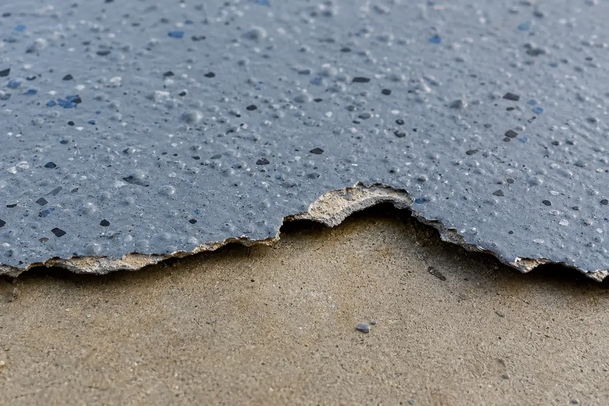 J&P Coatings floor in need of repair, showing worn gray epoxy and exposed concrete spots.