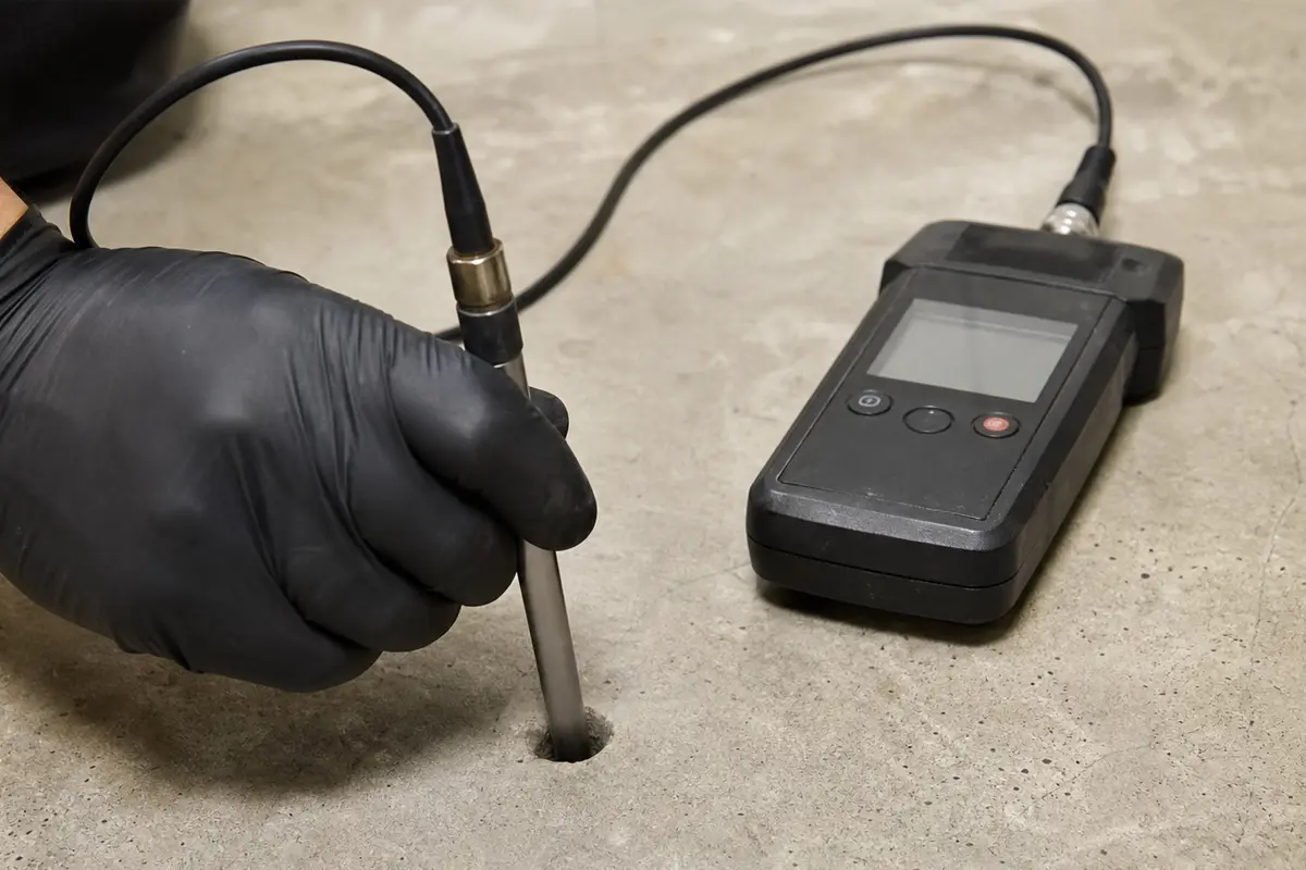 J&P Coatings checks concrete’s moisture level using a meter to make sure the surface meets quality standards.