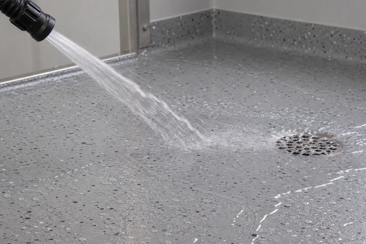 J&P Coatings shows how water flows smoothly to a drain, keeping floors clean and easy to maintain.