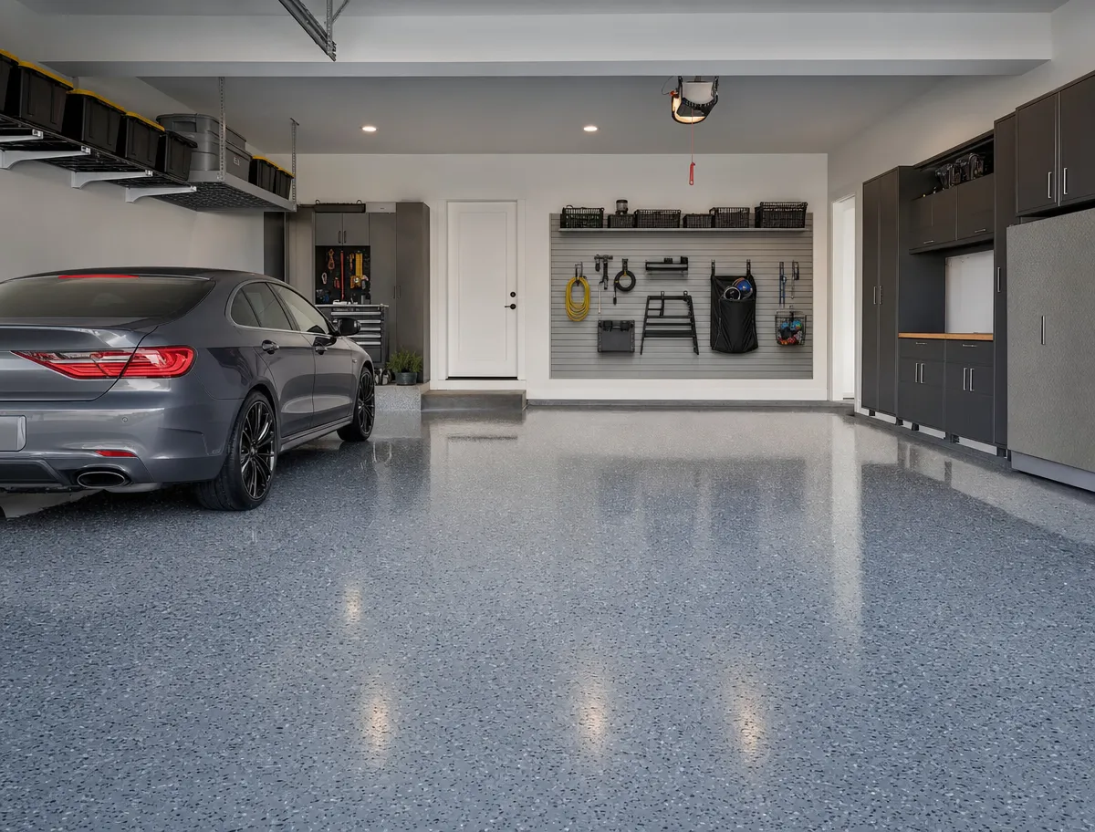 The garage shows J&P Coatings’ clean, bright finish and organized setup for easy parking and storage.
