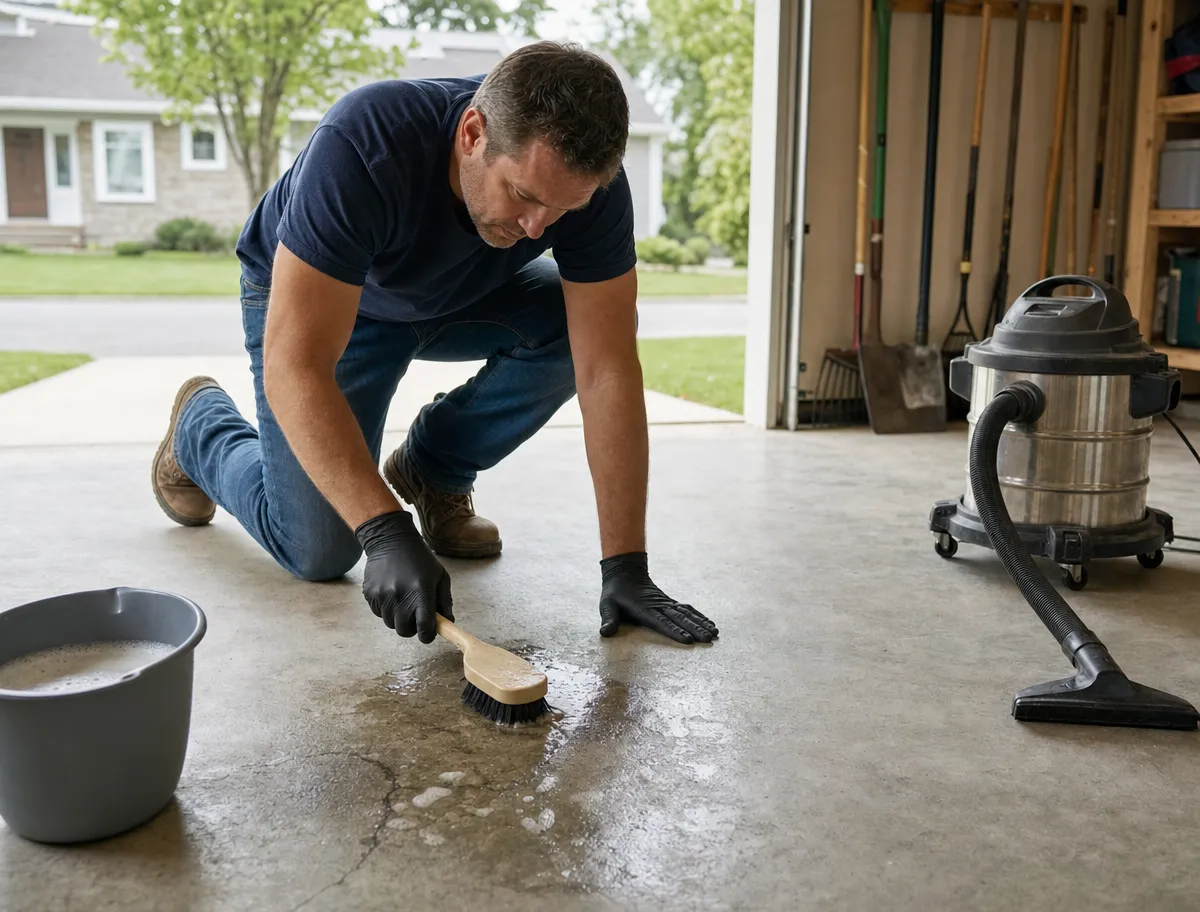 A person cleans a garage floor, showing how J&P Coatings can help take care of tough stains.