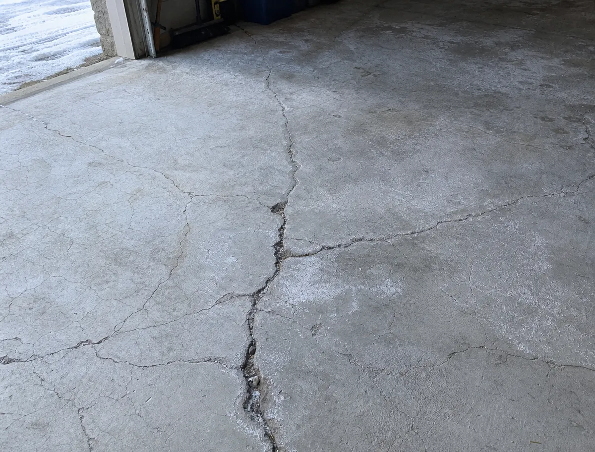 A J&P Coatings garage floor needing repair due to cracks and damage from weather and years of use.