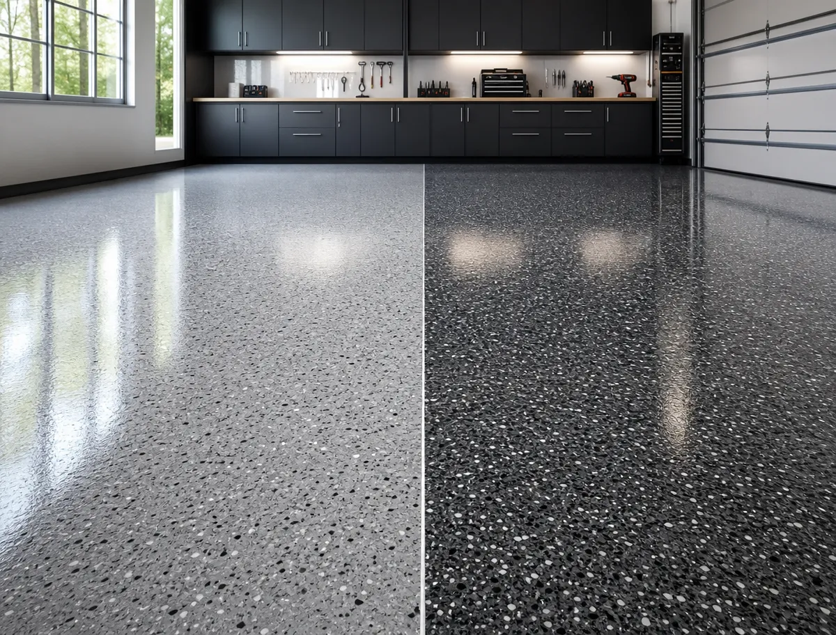 A J&P Coatings garage shows a clean, organized space with a split-color epoxy floor showing their neat work.