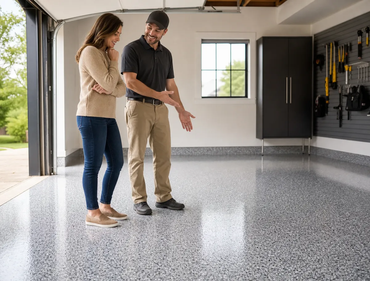 A happy couple admires their new J&P Coatings epoxy garage floor, showing satisfaction with the clean, organized space.