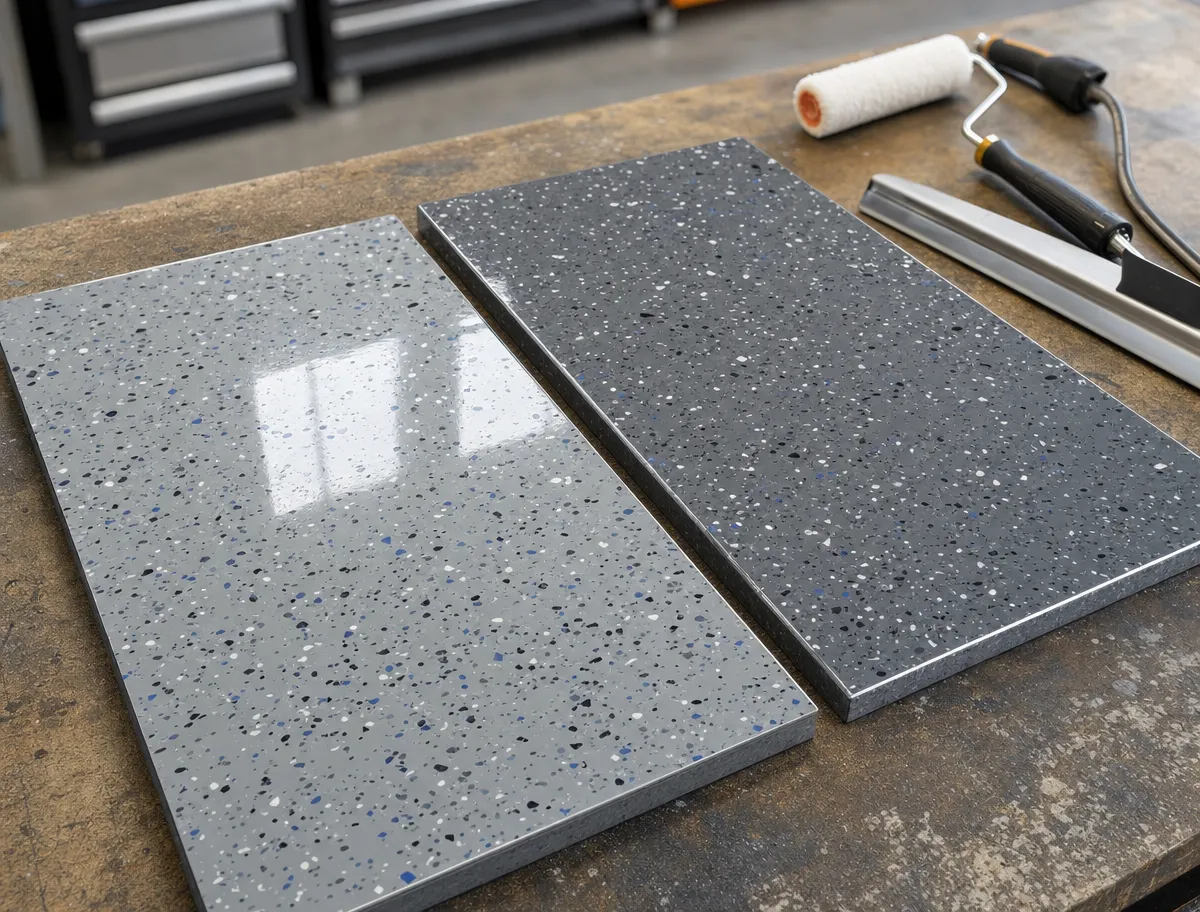 J&P Coatings shows finished light and dark gray panels, ready to use after a new epoxy coating was applied.