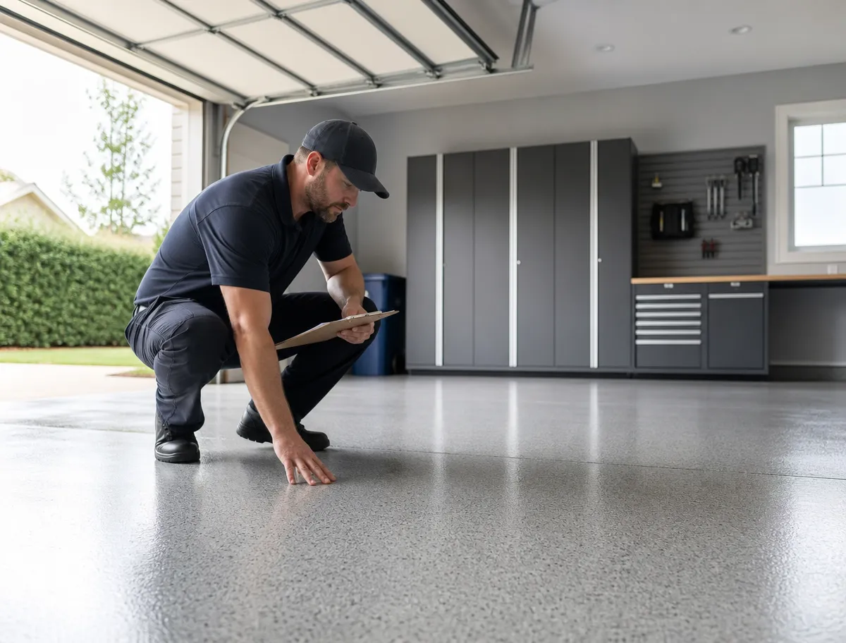 A J&P Coatings worker checks a well-done garage floor, showing the company’s quality and attention to detail.