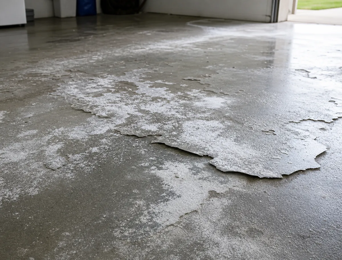 A J&P Coatings garage floor needing repair from wear and water damage, showing why professional help is needed.