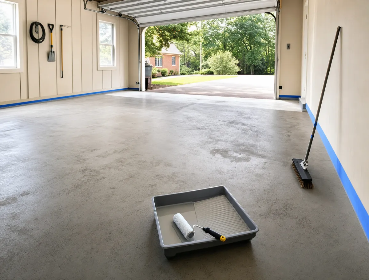 A J&P Coatings garage project shows a fresh, tidy floor ready for painting with clear prep by the team.