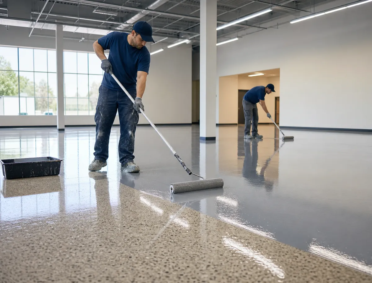 J&P Coatings team members roll a fresh gray coating onto an indoor concrete floor in a well-lit building.