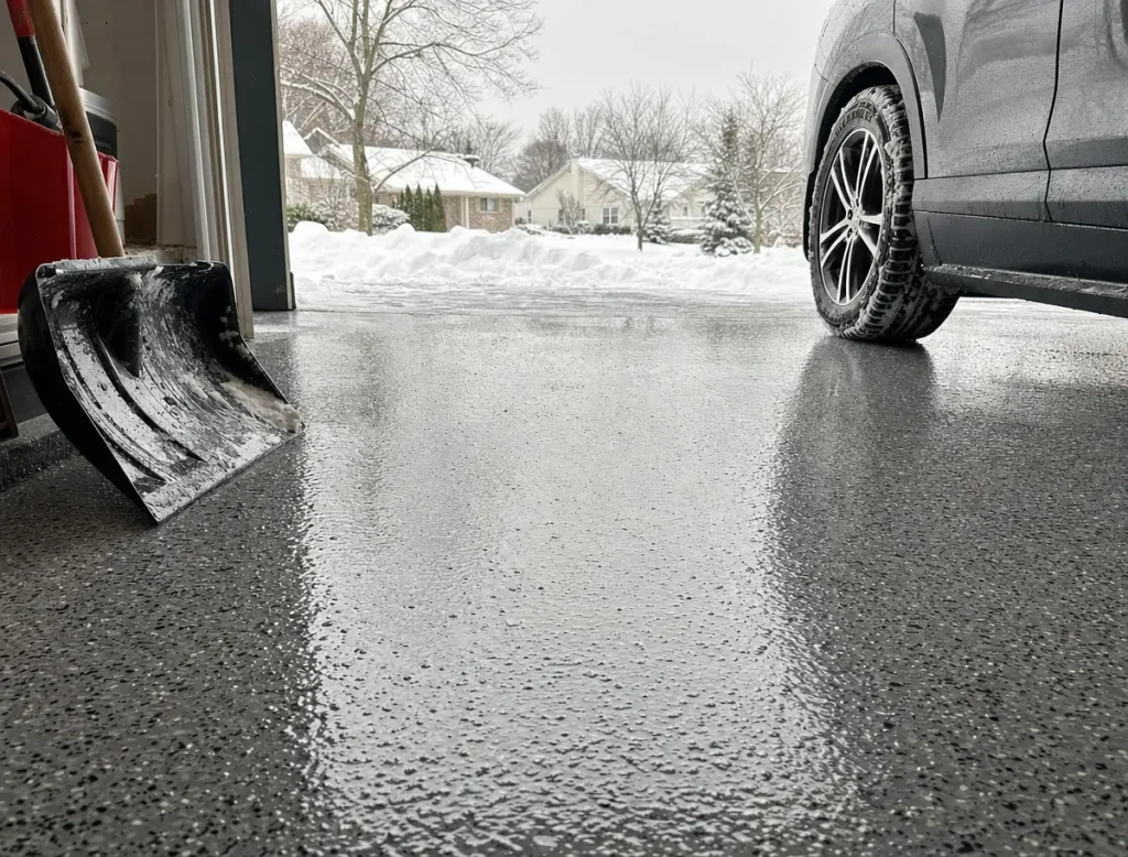 A J&P Coatings garage protects from winter mess, with a snow shovel and icy floor showing how it handles harsh weather.