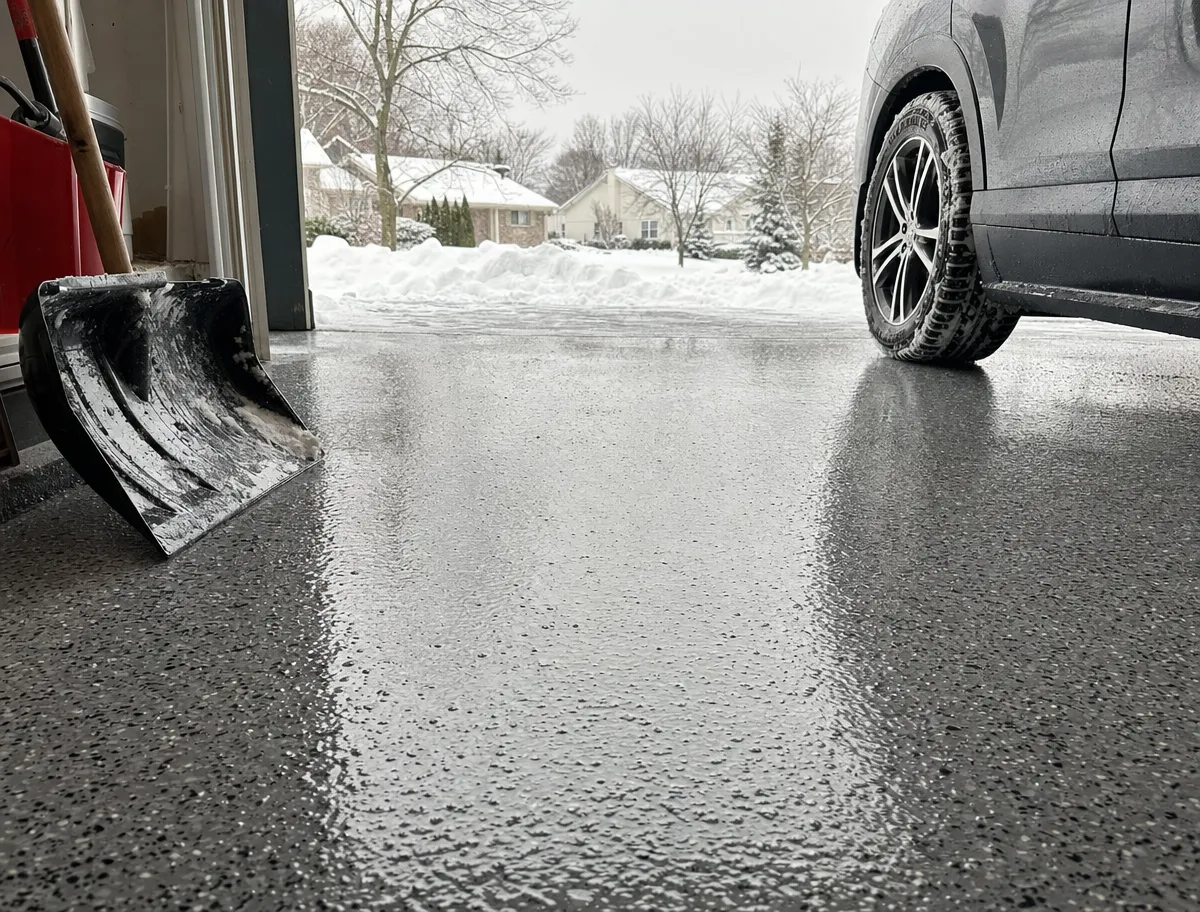 A J&P Coatings garage protects from winter mess, with a snow shovel and icy floor showing how it handles harsh weather.