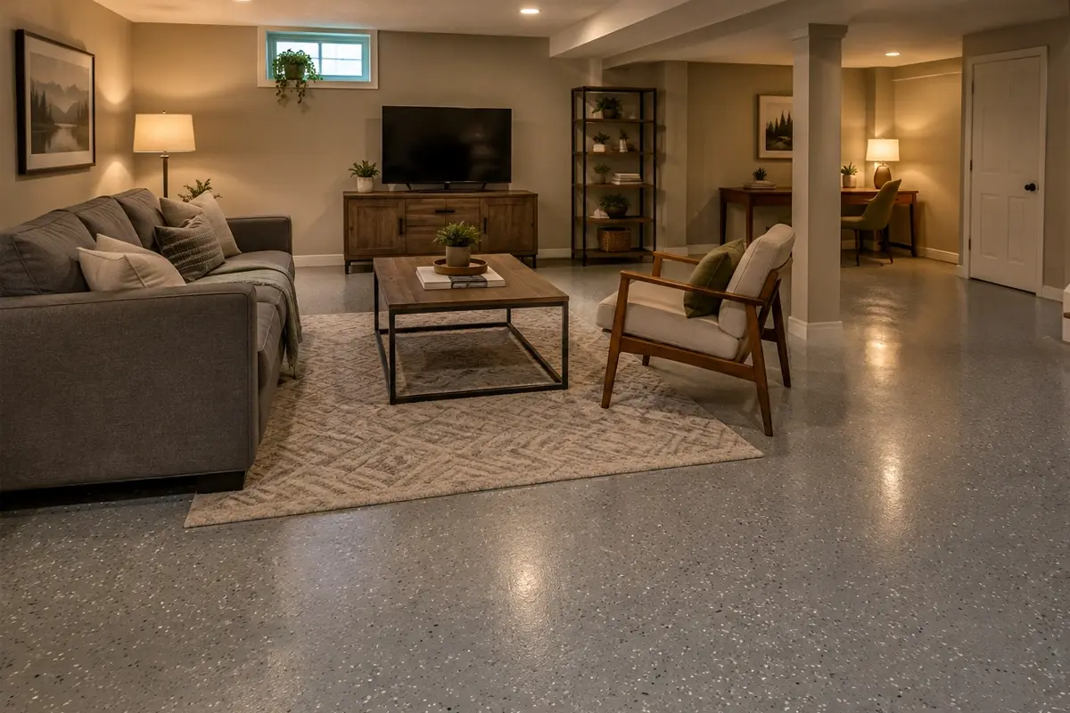 A J&P Coatings finished basement shows a comfy living space that’s welcoming and easy for relaxing or working.