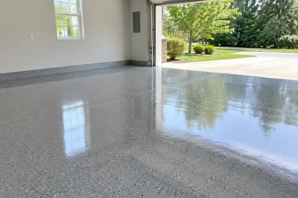 A neat garage by J&P Coatings shows a smooth gray floor, highlighting quality flooring and an inviting space.