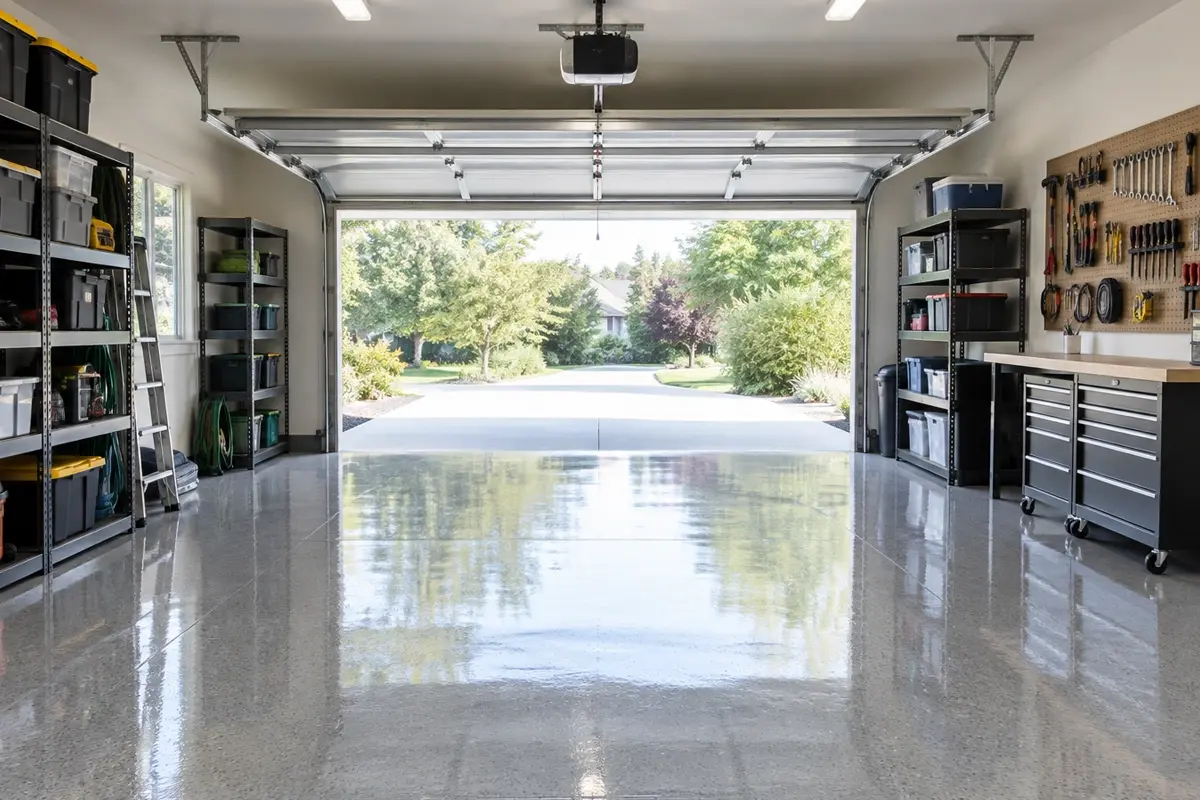 A J&P Coatings garage looks neat and bright, showing how floors and space can be well-kept and easy to use.