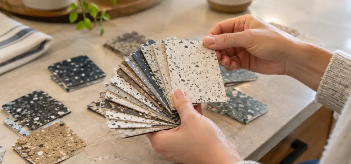 Someone compares countertop options from J&P Coatings to help choose the best look for their kitchen.