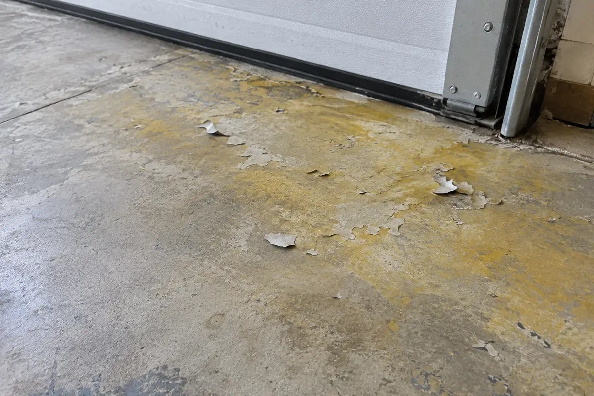 The J&P Coatings floor shows wear and damage, suggesting it needs repair or fresh coating.