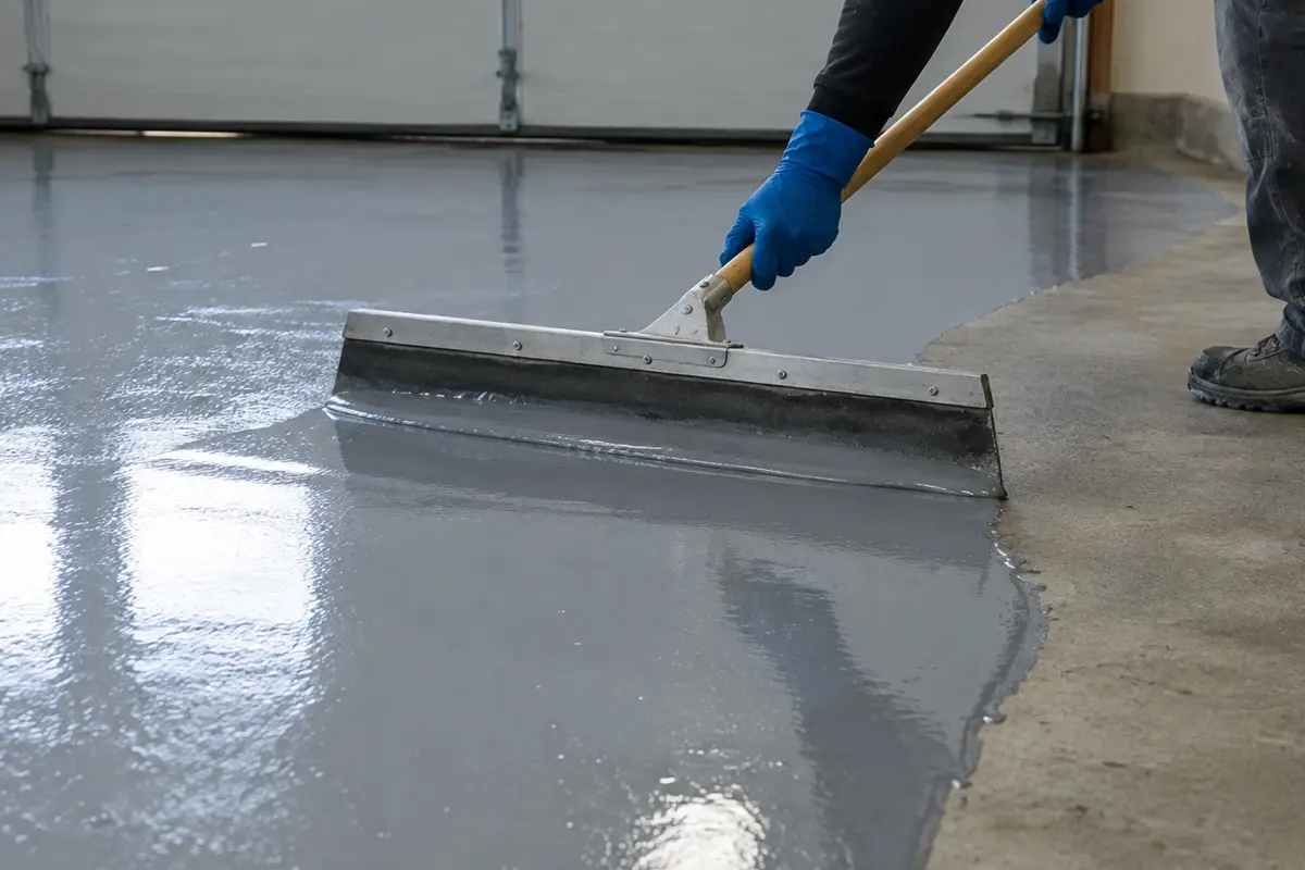 J&P Coatings applies epoxy to a garage floor, making it smooth and shiny for a neat, durable surface.