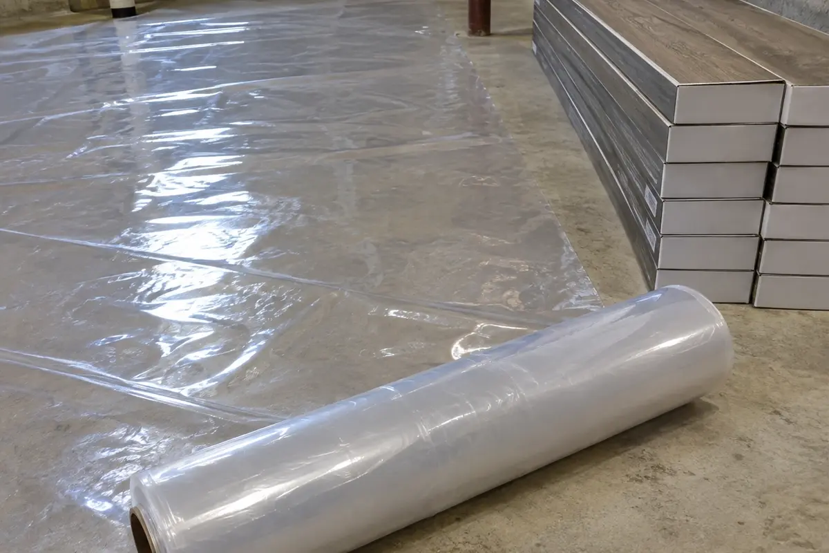 J&P Coatings prepares for new flooring by laying out plastic sheeting and laminate planks on the floor.