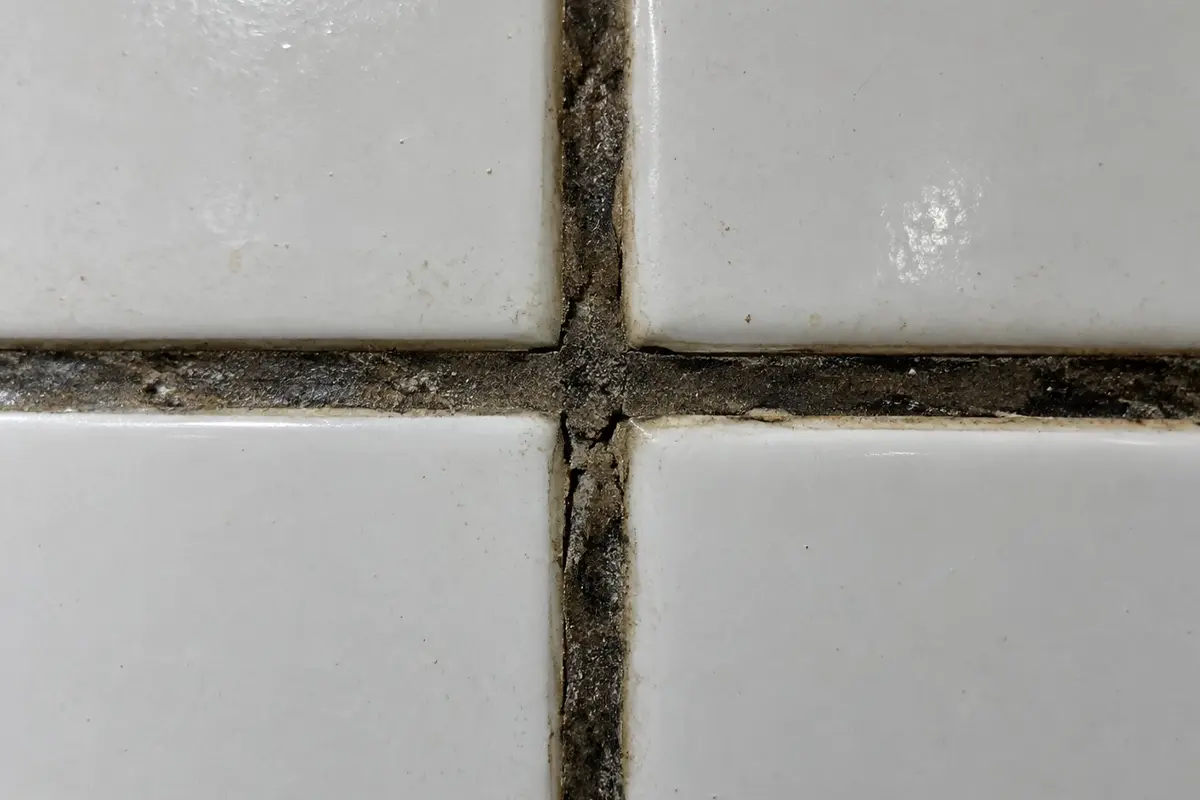This image shows J&P Coatings’ tiles with worn and dirty grout, highlighting the need for cleaning or repair.