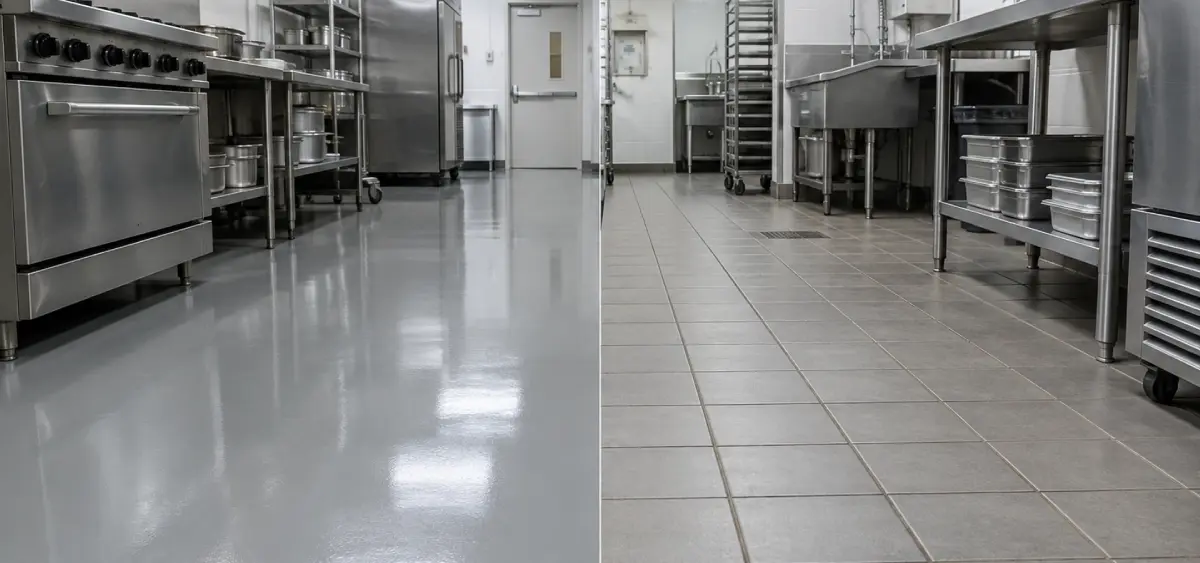 The image highlights J&P Coatings’ epoxy floor, showing a clear difference in quality and cleanliness.