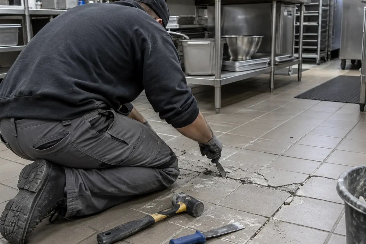 J&P Coatings expert fixes broken kitchen tiles, making the floor safe and clean for daily use.
